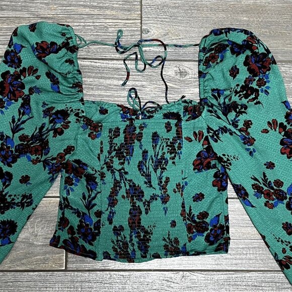 NWT $98 Free People Hilary Printed Top Size XS Green Combo Smocked Blouse - Picture 12 of 16